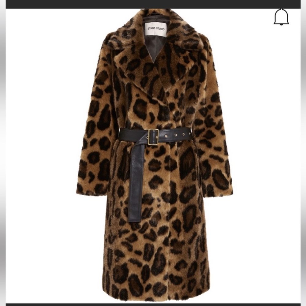 Stand studio faux leopard belted long coat